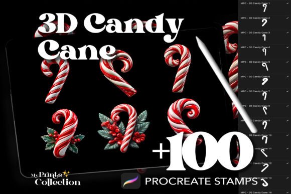 100 Procreate 3D Candy Cane Stamps