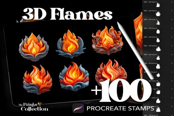 100 Procreate 3D Flames Stamps