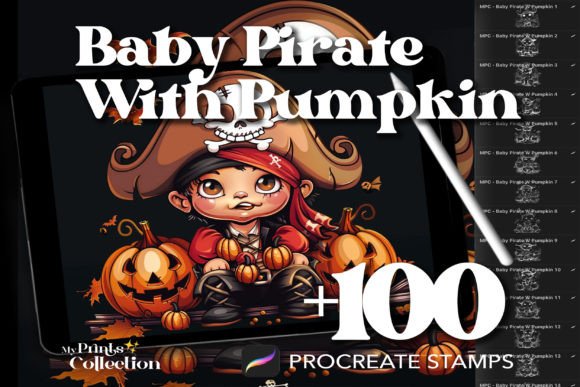 Unleash Your Creativity with 100 Adorable Baby Pirate with Pumpkin Stamps for Procreate